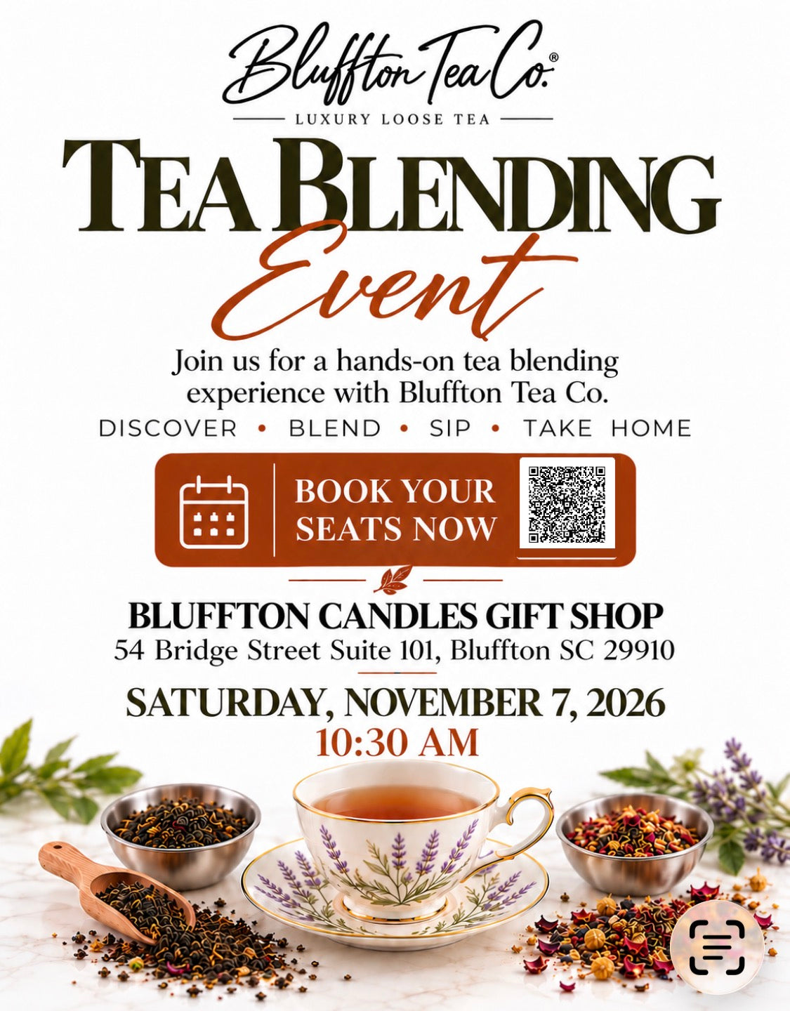 Tea Blending Event with Bluffton Tea Company | Nov 7, 2026 | Saturday