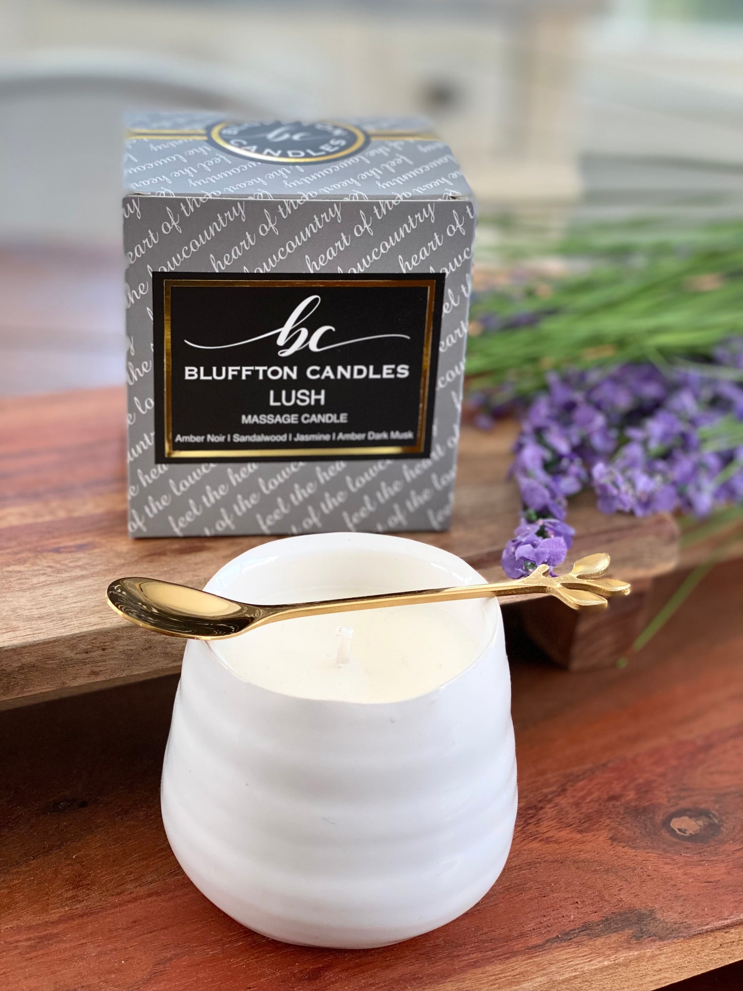 Massage Candle | LUSH | 5 oz.  Amber Noir | Mandarin | Cedar | Jasmine | Sandalwood | Amber Dark Musk.  Bluffton Candles - The Bluffton Shop - Gift Shops