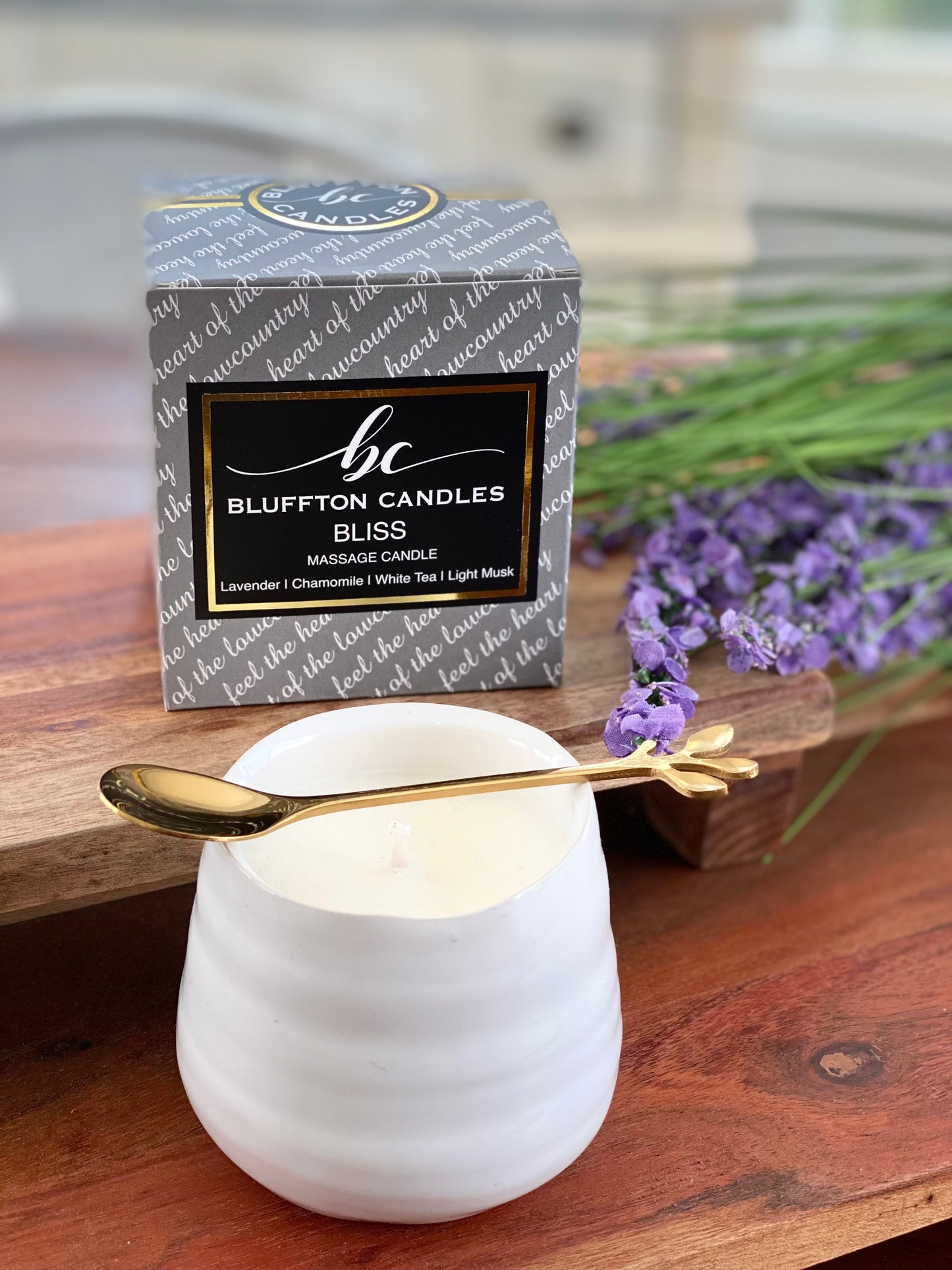 Massage Candle | BLISS | 5 oz. Lavender Tea & Tonic | Cucumber | Honeydew | Chamomile | White Tea | Light Musk. Bluffton Candles - The Bluffton Shop - Gift Shops