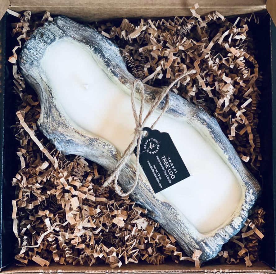 Cement Tree Log Decor Candle | Relax | 12 oz.  lavender, sage, sandalwood.  A unique piece of home decor that works perfectly for indoor and outdoor space.  When you finished the candle, this cement log can be used as planter, serving dish and decorative holder.  Bluffton Candles - The Bluffton Shop - Gift Shops