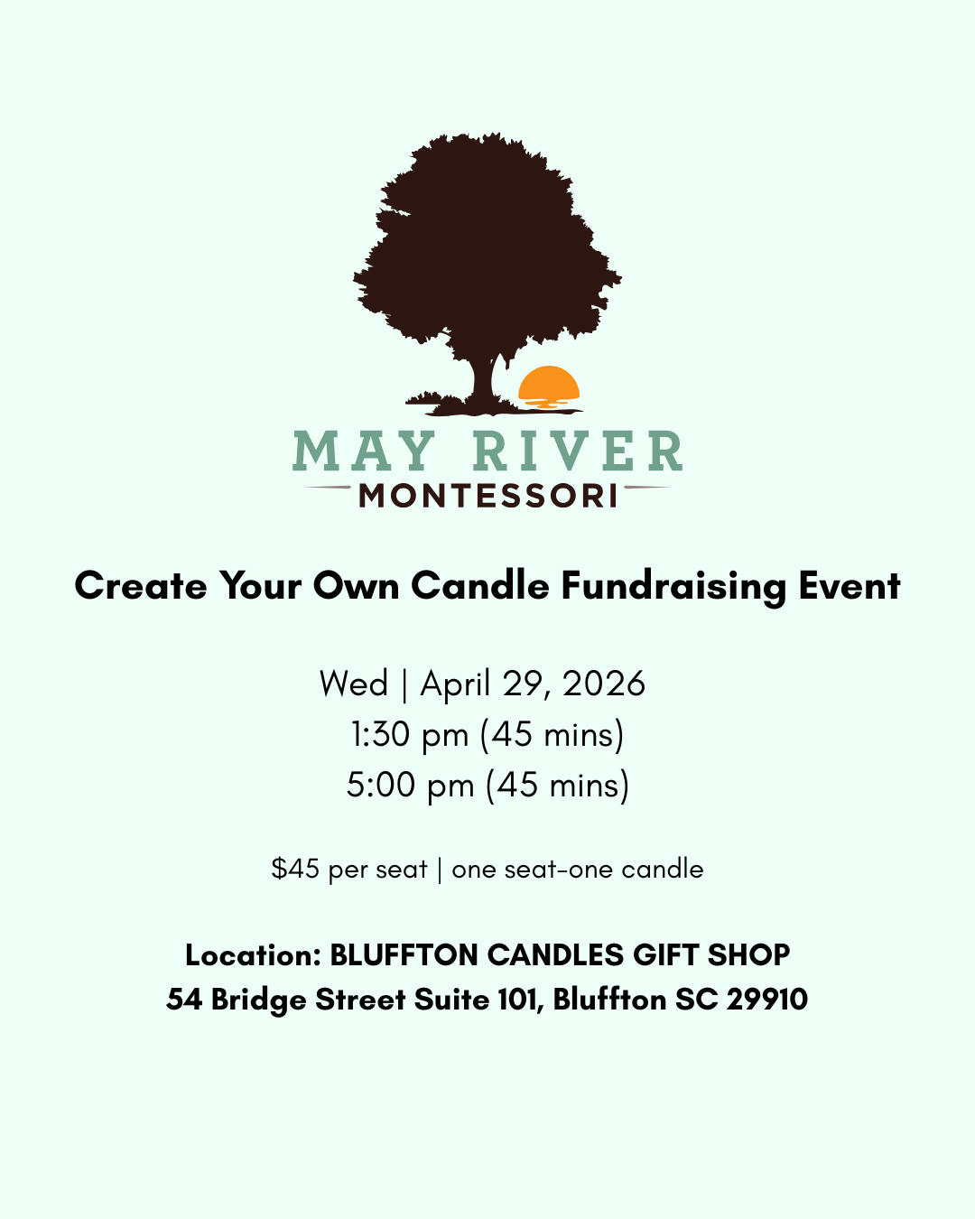 May River Montessori Fundraising Event | Create Your Own Candle | April 29, 2026 | $45+ each seat | one seat-one candle
