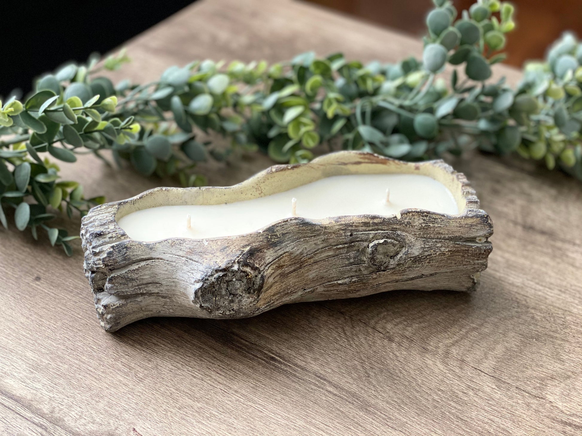 Cement Tree Log Decor Candle | Day At The Spa | 12 oz. A unique piece of home decor that works perfectly for indoor and outdoor space. When you finished the candle, this cement log can be used as planter, serving dish and decorative holder. lemongrass, jasmine, patchouli Bluffton Candles - The Bluffton Shop - Gift Shops