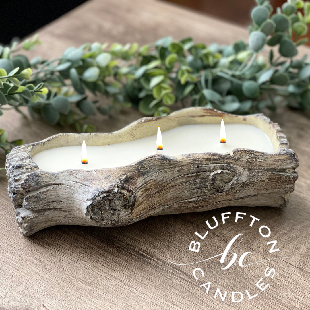 Cement Tree Log Decor Candle | Day At The Spa | 12 oz. A unique piece of home decor that works perfectly for indoor and outdoor space. When you finished the candle, this cement log can be used as planter, serving dish and decorative holder. lemongrass, jasmine, patchouli Bluffton Candles - The Bluffton Shop - Gift Shops