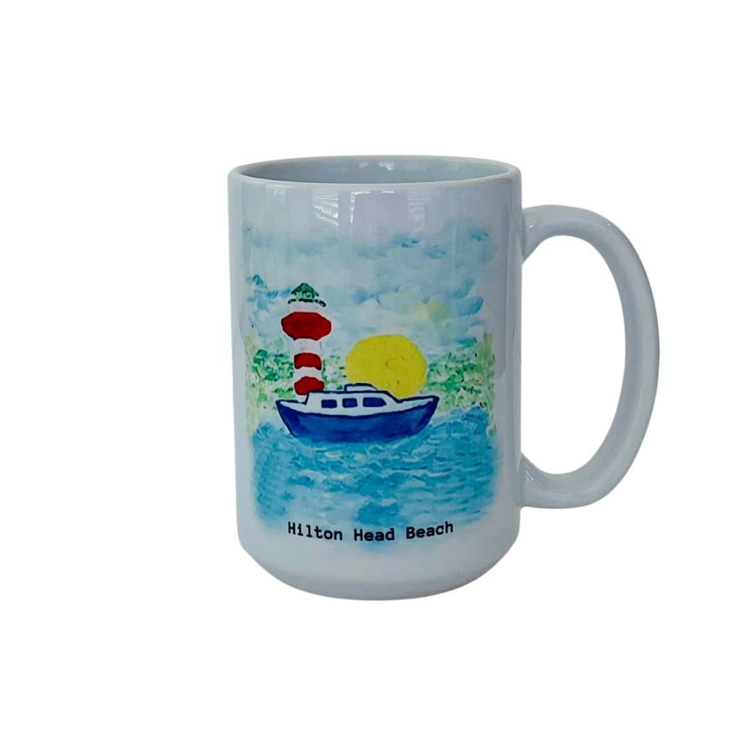 Mug | Lighthouse | Blue Boat | Hilton Head Beach | 15 oz.