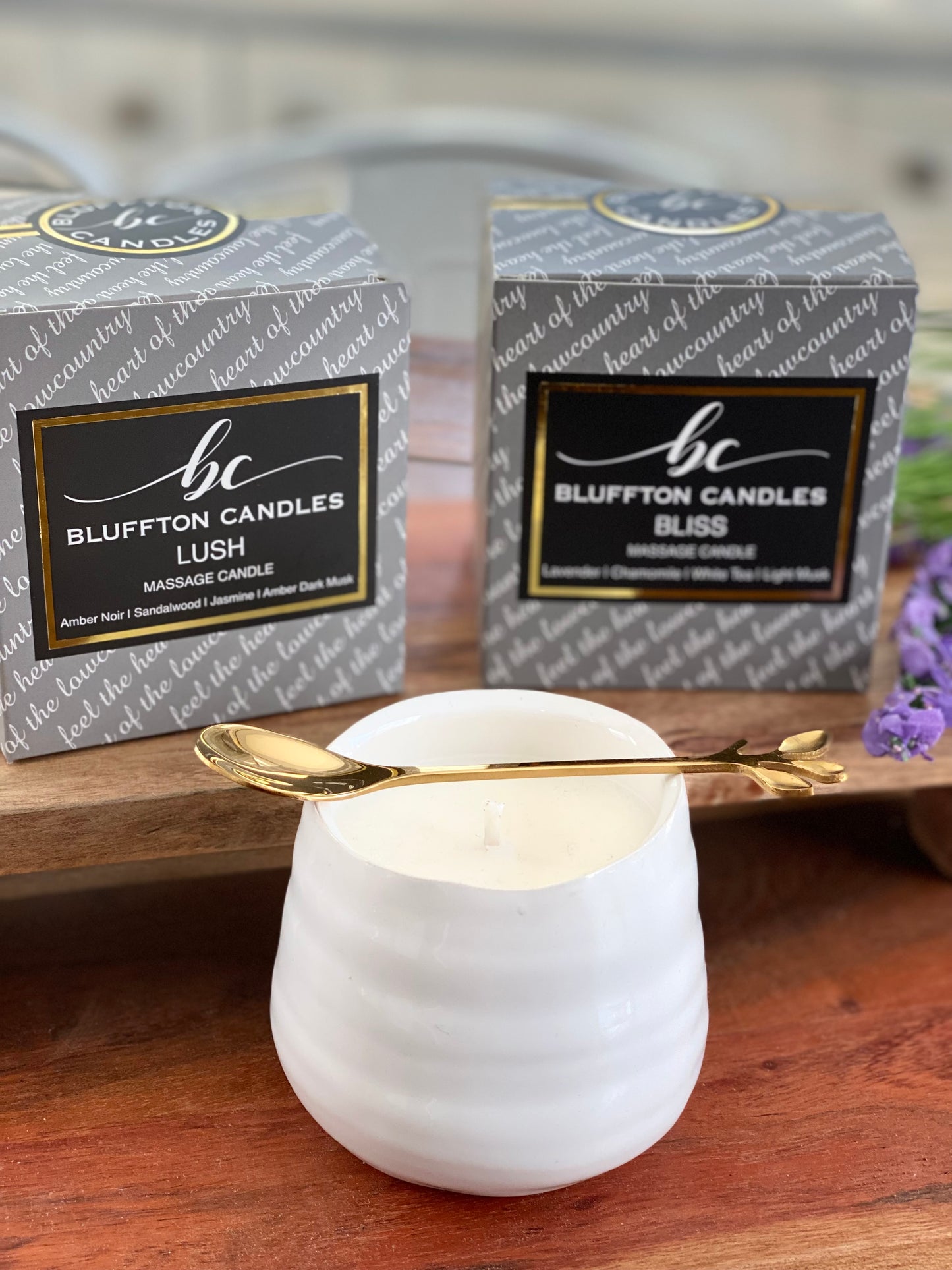 Massage Candle | BLISS | 5 oz. Lavender Tea & Tonic | Cucumber | Honeydew | Chamomile | White Tea | Light Musk. Bluffton Candles - The Bluffton Shop - Gift Shops
