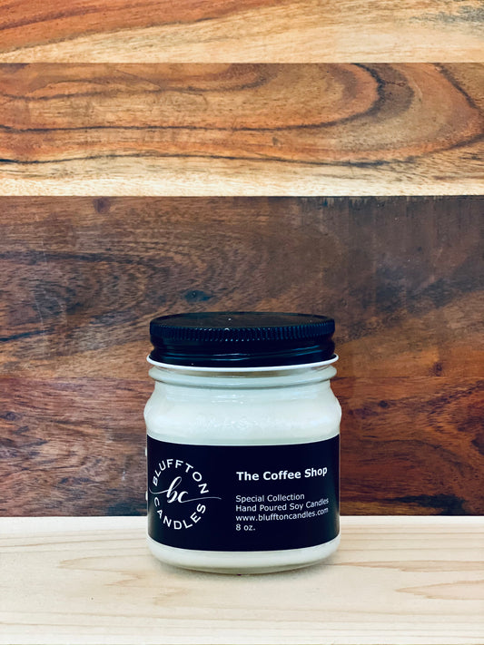 Mason Jar | The Coffee Shop 8 oz. Coffee Scent  coffee, sugar, cream.  Bluffton Candles - The Bluffton Shop - Gift Shops