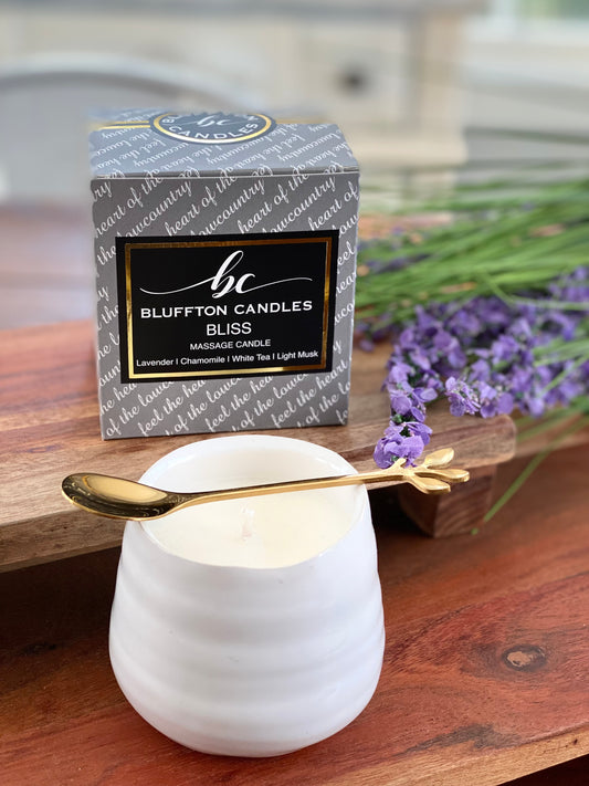 Massage Candle | BLISS | 5 oz.  Lavender Tea & Tonic | Cucumber | Honeydew | Chamomile | White Tea | Light Musk.  Bluffton Candles - The Bluffton Shop - Gift Shops